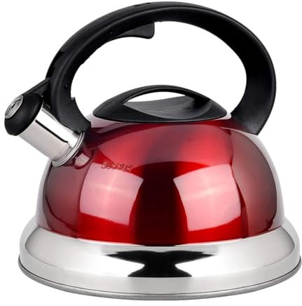 Bouilloire sifflante rouge en acier inoxydable de 2,7 l avec poignée froide pour cuisinières à gaz, électriques et à induction