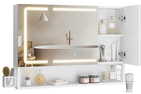 FORABAMB Armoire Murale Salle de Bain avec Éclairage LED et Prises, Armoire de Toilette Miroir avec et Étagère Réglable, Température de Couleur Réglable, Meuble de Salle de Bain, 80x16x60cm, Blanc