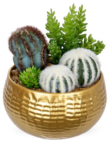 Oairse Artificial Cactus Plants Indoor, 7 Assorted Small Faux Succulent in Pots Fake Potted Desk Plant with Gold Bowl Mini Succulents Artificial Cactus Decor for Home Office Bathroom Table Shelf