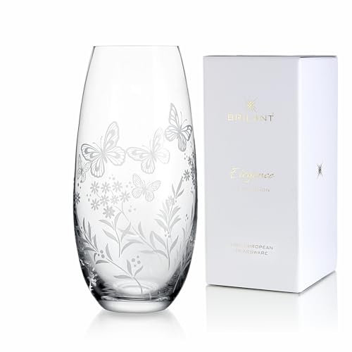 BRILANT Garden Butterfly Glasvase - Hochwertige Blumenvasen, Handgefertigte große Glasvasen mit graviertem botanischem Motiv, Bleifreies Kristallglas, Geschenkfertige Verpackung - 1 Stück, 25 cm