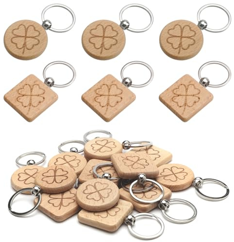 XRVRILE Holz Schlüsselanhänger Kleeblatt, Schlüsselanhänger Personalisiert Kleeblatt Glücksbringer Kinder, Glücksbringer Schule (24Pcs)