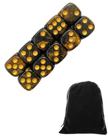 CULEB 10 PCS Dadi,16mm D6 Dadi da Gioco Acrilici,SetDadi con Borsa di Velluto per Giochi da Tavolo,Giochi di Ruolo(Nero-Oro)