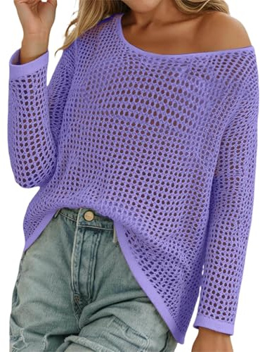 Maglione da donna Y2K all'uncinetto a rete a maniche lunghe con spalle scoperte per uscire maglione oversize lavorato a maglia maglione leggero ampio scavato pullover top maglieria estate, Viola, M