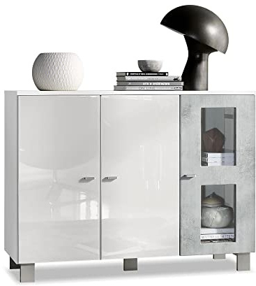 Vladon Sideboard Denjo, Made in Germany, Kommode mit 3 Türen, Weiß matt/Weiß Hochglanz/Beton Oxid-Optik (107 x 81 x 35 cm)