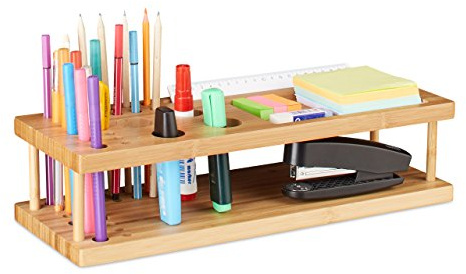 Relaxdays, Natur Stifteköcher aus Bambus, Schreibtisch Organizer für 25 Stifte, Büro Ablage, HxBxT: 10 x 40 x 15 cm, Standard
