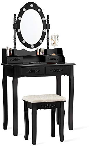 GOPLUS Schminktisch mit Beleuchtung und Hocker, Frisiertisch mit 360 ° schwenkbarem Spiegel, Kosmetiktisch Holz mit 4 Schubladen und Ablagen für Schlafzimmer & Garderobe(Schwarz)