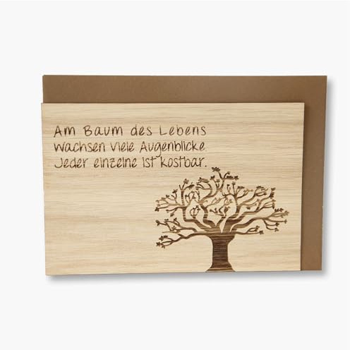 Original Holzgrusskarte - Motiv Baum des Lebens aus Eichenholz, Geschenkkarte, Grußkarte, Postkarte, Spruchkarte, Klappkarte, Einladung, Billet