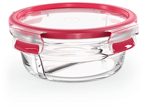 EMSA Clip & Close Glas Frischhaltedose, rund, 0,55 L, 100 Prozent dicht, rutschfestes Stapeln, Glasbehälter spülmaschinen-, gefrier-, backofen-, mikrowellenfest, Rot, Transparent, N10402
