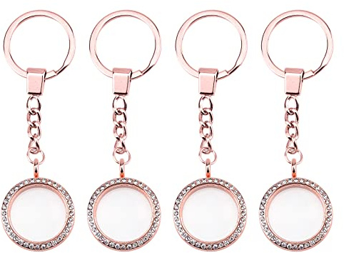 WANDIC Strass Foto Charm Schlüsselanhänger, 4 Stück Rose Gold Runde Memory Medaillon Schlüsselanhänger Braut Hochzeit Bouquet Charms Für Foto Oder Dekoration, 30 mm