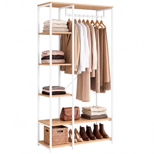 IDMarket - Kleiderschrank Garderobe Regale B. 90 cm DETROIT Industriedesign Holz und Metall weiß | Industrie-Design, mit Kleiderschrank + 7 Regalen, modular, mit Detroit