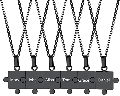 ChainsHouse schwarz Puzzle Halskette für 6 BFF Partnerkette Freundschaftskette Liebe Matching Puzzle Anhänger Kette Namenskette mit Gravur für Valentinstag Muttertag