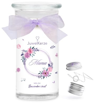 JuwelKerze Mama Armband Silber - Schmuckkerze 80 Std - große Duftkerze mit Blumigem Duft - Kerze im Glas mit Schmuck - Mama Geschenk, Muttertagsgeschenk, Geburtstag