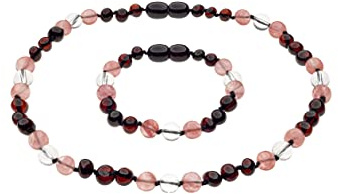 Genuine Amber Necklace and Bracelet From Baltic Sea Made With Polished Cherry Crystal Quartz & Cherry Quartz 34 cm (13.4 & 5.9 Inches)