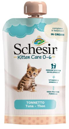 Schesir - Cibo umido per gatti cuccioli al gusto Tonnetto in crema - per gattini dai 0 ai 6 mesi - 20 buste con tappo da 150g (3kg totale)