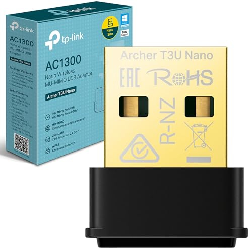 TP-Link Archer T3U Nano WiFi Dongle, AC1300 Wireless USB 2.0 wifi Adapter, Dual-Band Wi-Fi Dongle, MU-MIMO, Supports Windows 10/8.1/8/7, Mac OS 10.15 and earlier, Highly Secure WPA3, Miniature Design
