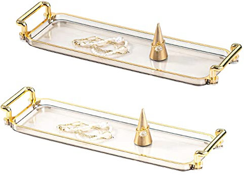 Lot de 2 plateaux de service en plastique avec poignées dorées, 30,5 x 10,2 cm, plateau décoratif en ambre transparent avec paroi de 2,5 cm, plateau rectangulaire long et étroit avec bord doré pour