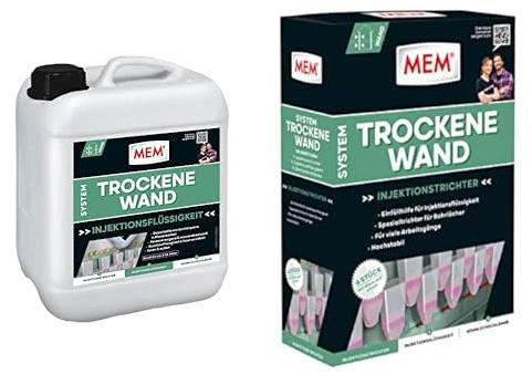 MEM Trockene Wand, Dauerhafte Horizontalsperre für alle Mauerwerke, 10 l Behälter & Injektionstrichter, Für MEM Trockene Wand, Stabiler Spezialtrichter für Bohrlöcher, Mehrfach verwendbar, 6 Stück
