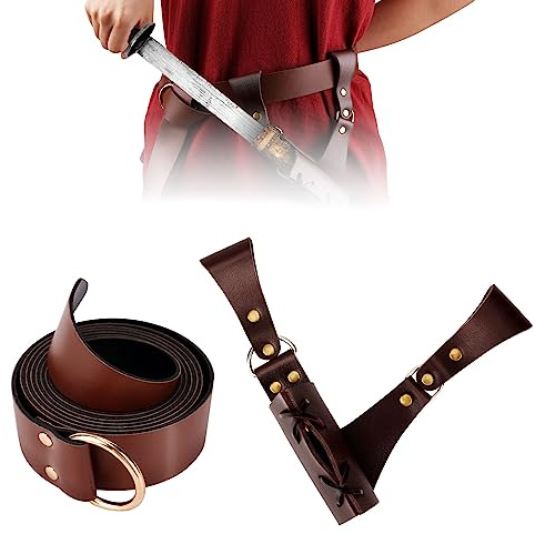 PEUTIER Mittelalterliches Schwert Holster Gürtel Set, Schwertgürtel Mittelalter Frosch Schwertgürtelhalter aus Leder Medieval Leather Belt für Ritter, Krieger, Pirat, Cosplay, Männer Frauen (Braun)