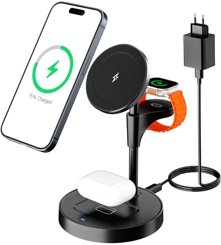KPON Station de Charge Magsafe pour Apple,Chargeur Induction iPhone 3 en 1 Compatible avec iPhone 16 15 14 13 12 Pro Max, Chargeur sans Fil pour Apple Watch/AirPods