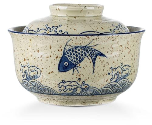 VanEnjoy Microwavable Ramen Bowl with Lid, 25 Oz Japanese Bowl Big Ceramic Japanese Soup Bowl with Lid, Korean Clay Pot - fish