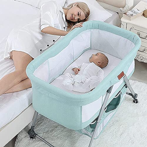 QUNINE Faltbares Nachtbett-Reisebett, Kinderbett mit höhenverstellbarem Aufbewahrungskorb, Laufstall mit Netzfenster und Reisetasche, Green Happy
