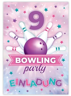 Minkocards 12 Einladungskarten zum 9. Kindergeburtstag Bowling Kegeln Bowling-Party Mädchen Einladungen zum neunten Einladungen neunte Mädchengeburtstag