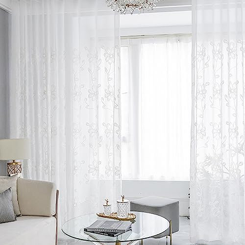 AMDXD Weiß Halbtransparent Voile Vorhang mit Kräuselband, Blumen Muster Transparente Schlaufen Gardinen Voile Polyester, 132x214CM(BxH)