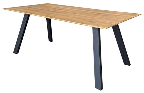 Lomadox Tisch Esstisch 200x100cm mit Schweizer Kante, Wildeiche massiv geölt, Metallfußgestell