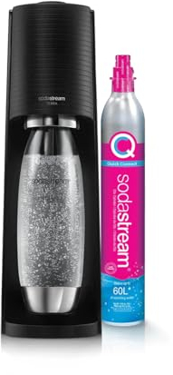 SodaStream TERRA - Máquina de agua con gas y soda | Pack 1 botella de 1 l, acabado de acero inoxidable compatible con lavavajillas + 1 recarga de gas de 60 l para clips, color negro