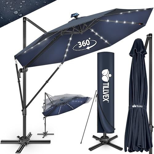 tillvex® Premium Alu Sonnenschirm LED Solar 330 cm + Abdeckung & Windsicherung | Ampelschirm 6-Fach Verstellbar mit Kurbel | Gartenschirm 360° Drehbar Neigbar Kippbar | Kurbelschirm UV50+ wasserdicht