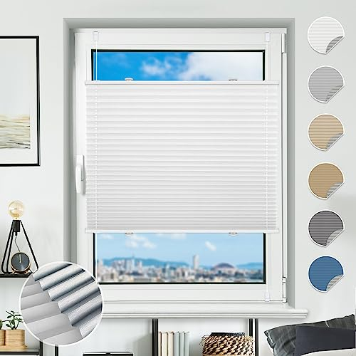 Plissee ohne Bohren Verdunkelung Plissees Klemmfix 105x110cm(BxH) Weiß 100% Blickdicht Verdunklungsplissee Fensterrollo innen ohne Bohren Aluminium Rollos für Fenster & Tür