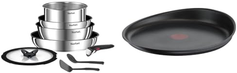Tefal Ingenio Batterie de cuisine 8 pièces, Poêles, Casseroles, Poignée amovible & Ingenio Poêle à crêpe 27 cm, Induction, Revêtement antiadhésif, Fonte d'aluminium, Empilable