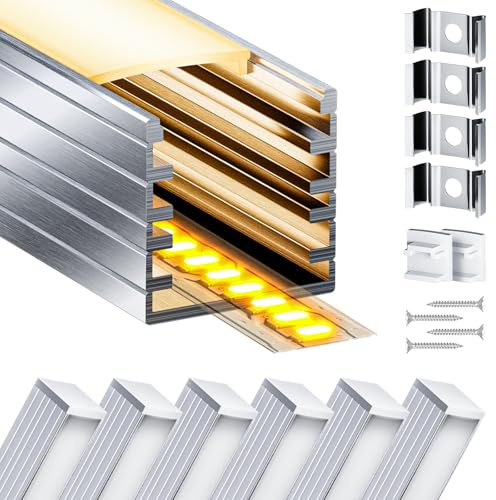 LASLUX LED Profil 6 × 2M(12m), LED Aluminium Profil U-Form mit Abdeckung, Endkappen und Montageclips für LED-Streifen-Lichter L2000*14.2 * 14.3m