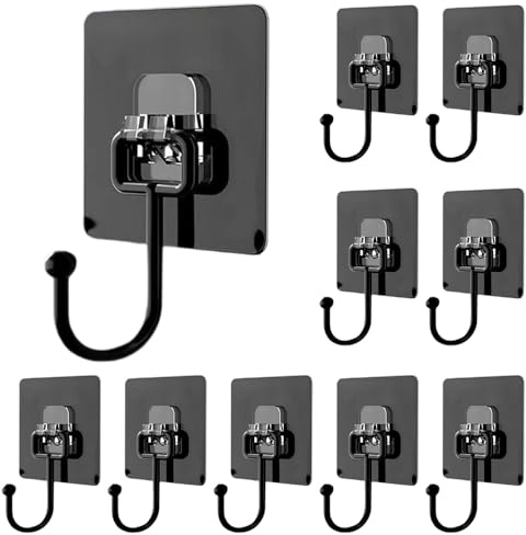 Prmape 10 Stück Haken Selbstklebend, Klebehaken Extra Stark Schwarz(Max 35kg), Wasserdicht Wandhaken Selbstklebend Ohne Bohren, Handtuchhaken Wandhaken für Bad, Decke, Küche, Schlafzimmer
