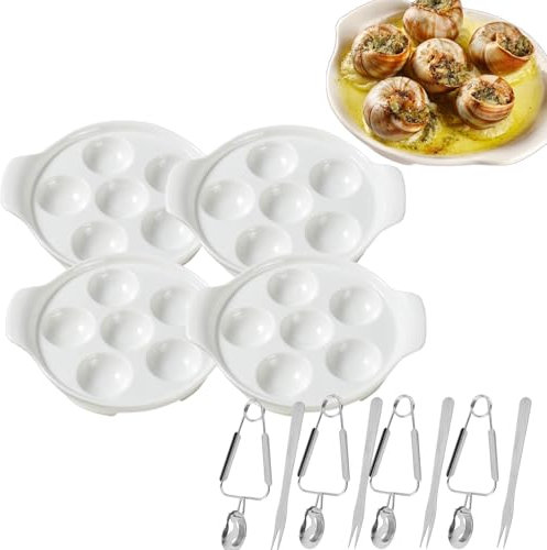Escargot Baking Dish, 4 Pack Ceramic Escargot Dish 6 Holes Escargot Plates 6.5 Inch Snail Dish Escargot Serving Dish Escargot Pan for Home, Kitchen, Restaurant (with Tong and Fork)