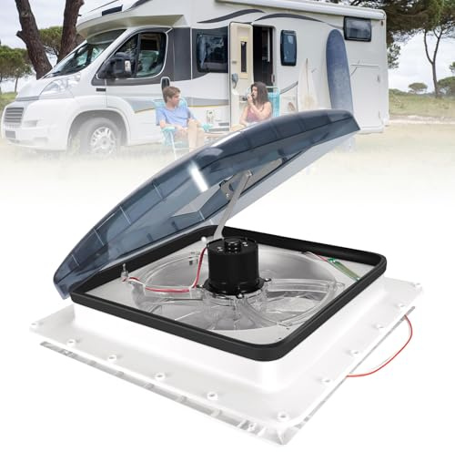 Rouwthio 12V RV Roof Vent Fan w/ 3 Speed Intake & Exhaust Automatic Level Permanent Reversible Motorhome Fan with Electric Crank Lift & Smoke Lid (Includes Screws & Garnish)