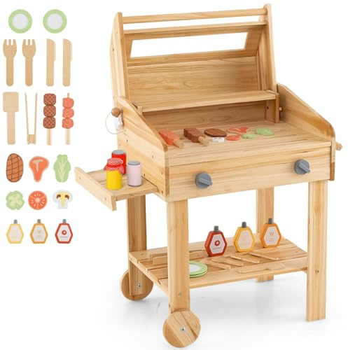 GYMAX Kids Barbecue Playset, Wooden BBQ Grill Toy Set | with Wheels, Play Food, Grilling Tools and Seasoning Bottles, Little Chef Play Kitchen for 3 Years Old + Boys Girls