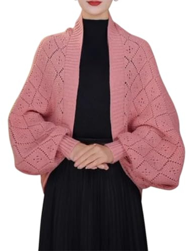 Generisch Modischer, ausgehöhlter Strickschalmantel, weicher Strickschal und Wickelschal mit Ärmeln für Damen (Pink,one_size)