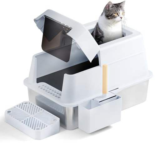 FRETONBA Kattlådebox i rostfritt stål XXL Flip Top, Kattsandlådor 26L stor kapacitet, kattlådebox med hög vägg, läckagesäker och lätt att rengöra, Kattlåda med Lock, Pedal, Skopa, Vit
