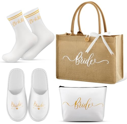 Hestya 4 Regali per Sposa Accessori per Addio al Nubilato, Borsa Tote Sposa Pochette per Trucco Calzini Pantofole per Addii al Nubilato, Regali di Nozze, Matrimonio, Proposta, Festa(Oro,Bride)