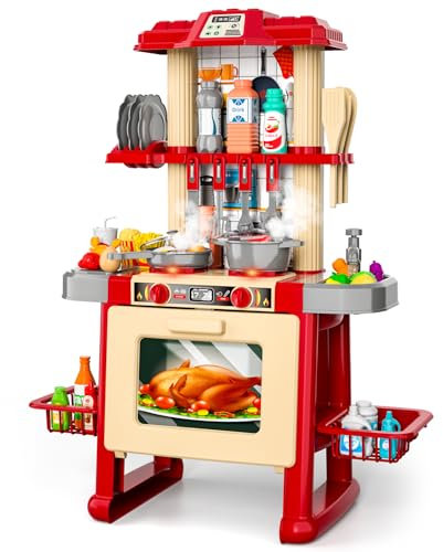 BLmukce Kids Kitchen Toy and Play Food Set, Pretend Cooking Kit with Cookware, Utensils, Fruits and Vegetables, Food Role Play Set for Toddlers and Children (Red)
