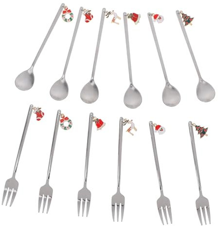 ERINGOGO Set Di 12 Cucchiaini e Forchette Natalizi in Acciaio Inox Robusto, Multifunzionali Per Caffè, Dessert e Mescolare Bevande, Confezione Regalo Per Uso Domestico e Feste Di Natale
