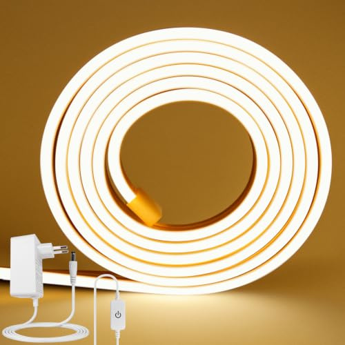 ROMANJOY LED Strip 10m Warmweiß 3000K – Echtes Silikon, flexibel, dimmbar | mit 24V Netzteil | Schneidbar (5cm) | IP67 Wasserdicht – Für Wohnzimmer & überdachte Terrasse