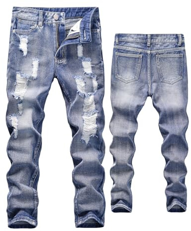 FEOYA Ragazzo Jeans Strappati Denim Bambino Pantaloni Slim Fit Nvecchiato Ragazza Jean Estivi Classici Ragazzo Jeans Autunno Lunghi Vintage Elastica 01 Blu 8 9 Anni