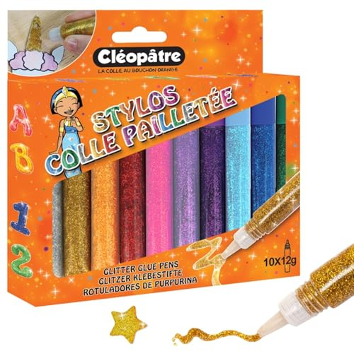 CLEOPATRE - Lot de 10 Stylos Colle Pailletés avec Embout Fin 12g – Couleurs Assorties – Loisirs Créatifs Enfants