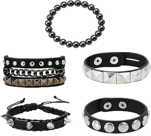 4tlg Punk Armband Set für Damen Herren, Y2K Accessoires im Grunge Emo Look, Nietenarmband Leder Schwarz, Gothic Schmuck Geschenk für Jungen Mädchen, Verstellbare Rocker Armreifen