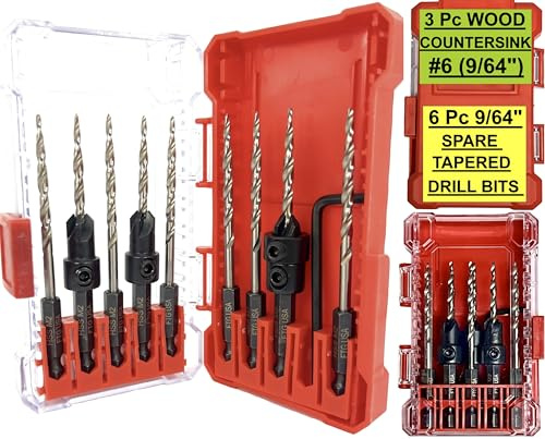 FTG USA 3 Pc #6 (9/64) Countersink Drill Bit Set with 6 Pc Replacement Tapered Drill Bits for Wood in Storage Container