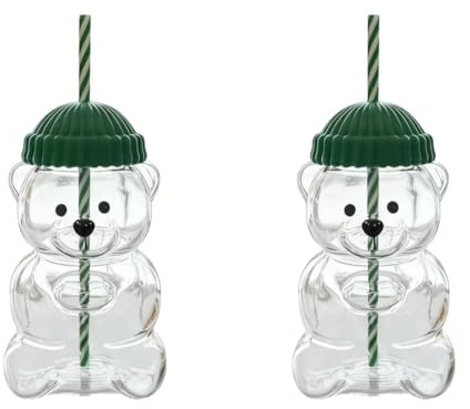 2025 New Bear Cute Mugs, Cute Bear Glass Cup with Straw 20oz, Coffee Beer Wine Cocktail Drinks Glassware, Leak-Proof Lid (2PCS)