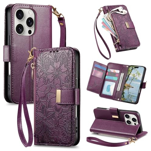 VEEMOS Phone Case for Apple iPhone 14 Pro Max Case with Zip Wallet Purse Card Holder Slot Embossed Flower Design Folding Flip Cover Leather Stand Lanyard Wrist Strap Women - Purple