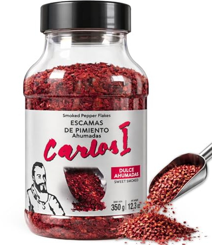 Escamas de pimiento ahumadas Dulces, smoked pepper flakes, Producido en Extremadura, Ideal para carnes, pescados, verduras asadas, pastas, pizzas, huevos y ensaladas, 1 bote de 350 gr